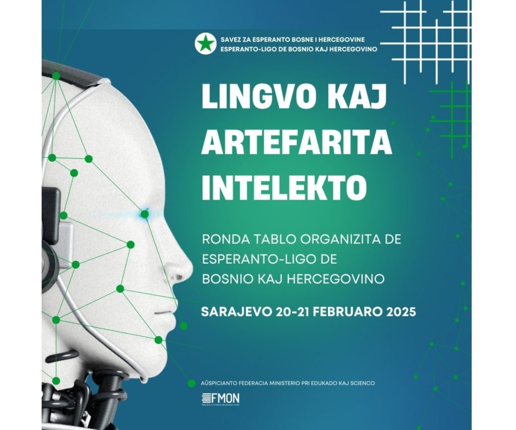 Afiŝo de la Ronda Tablo sur kiu videblas la titolo "Lingvo kaj Artefarita Intelekto" kaj ĝenerala priskribo (organizanto, loko kaj dato).
